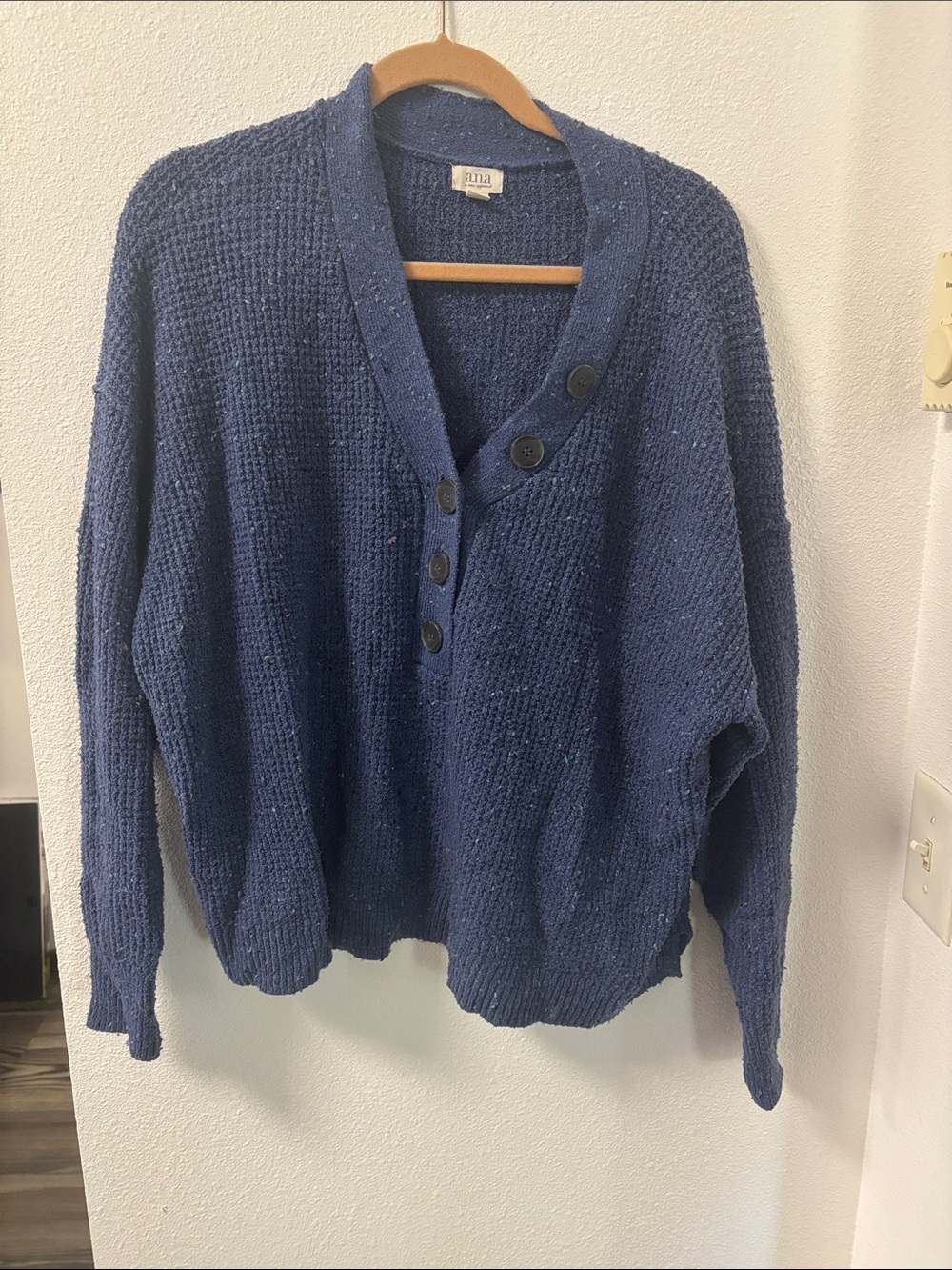 a.n.a Navy Blue Textured V-Neck Button Sweater